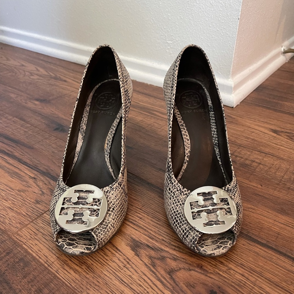 Tory Burch snakeskin wedges, size 8.5. Like new.